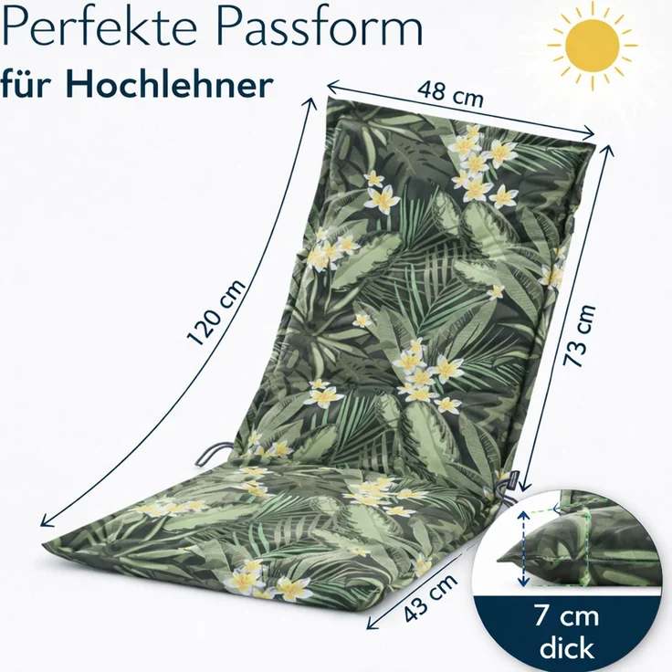 BURI 4x Auflagen Set Hochlehner für Gartenstühle 120x48x7cm Sesselauflagen Polster UV Lichtecht - Gartenstuhlauflagen Dschungel Muster Stuhlkissen mit Dicker Schaumstoff Füllung – Bild 2