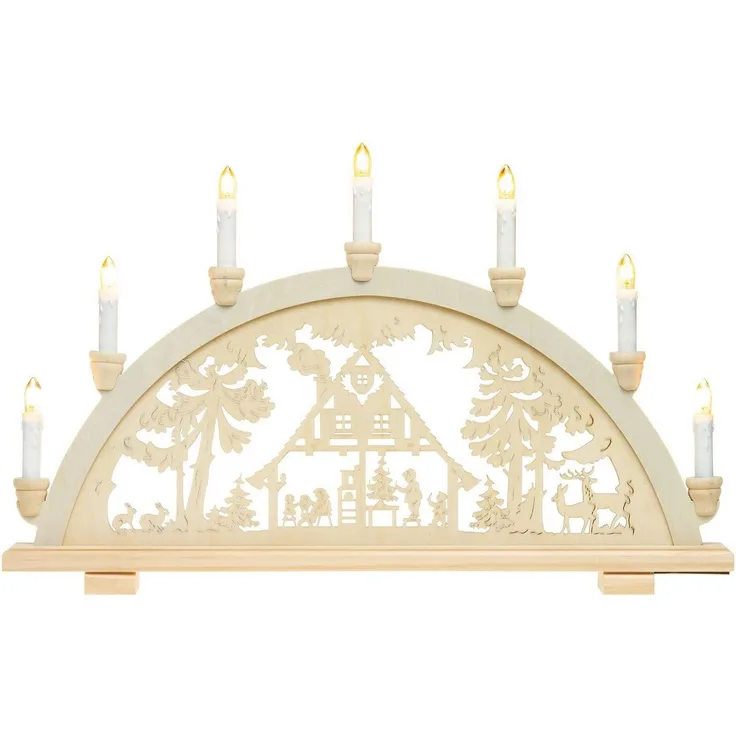 SIKORA Schwibbogen LB57-7 Lichterbogen Motiv Waldhaus mit 7 elektrischen Kerzen B:57cm, Innen Deko mit LED Beleuchtung und klassischem Weihnachtsmotiv