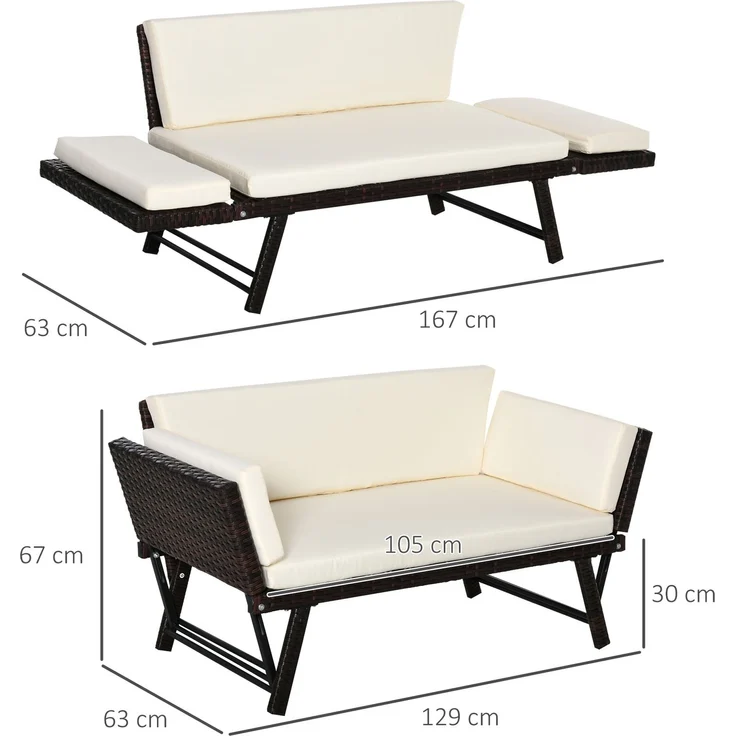 MELAYR, Polyrattan Gartensofa 2 Sitzer Gartenmöbel Loungesofa Gartenbank Gartenliege klappbar, 129 x 63 x 67 cm, Braun – Bild 5