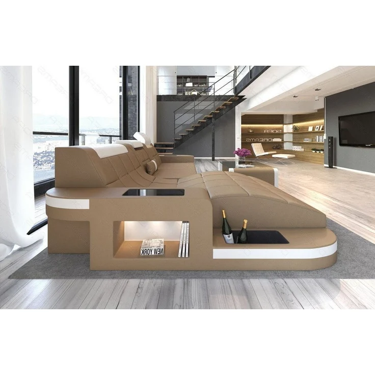 Mini Ecksofa Wave L Form aus Leder - Echtleder - sandbeige-weiß - Links – Bild 3