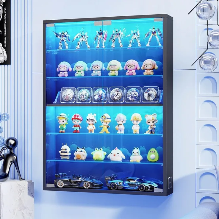 Hängevitrine 60x12x80 cm, Wandvitrine mit 6 verstellbaren Glasböden, LED-Beleuchtung und Sensor, Schwarz