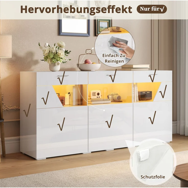 DESVIAE Sideboard Weiß aus Spanplatte – 160x78x38 cm – 3 Türen, LED-Beleuchtung – Bild 4