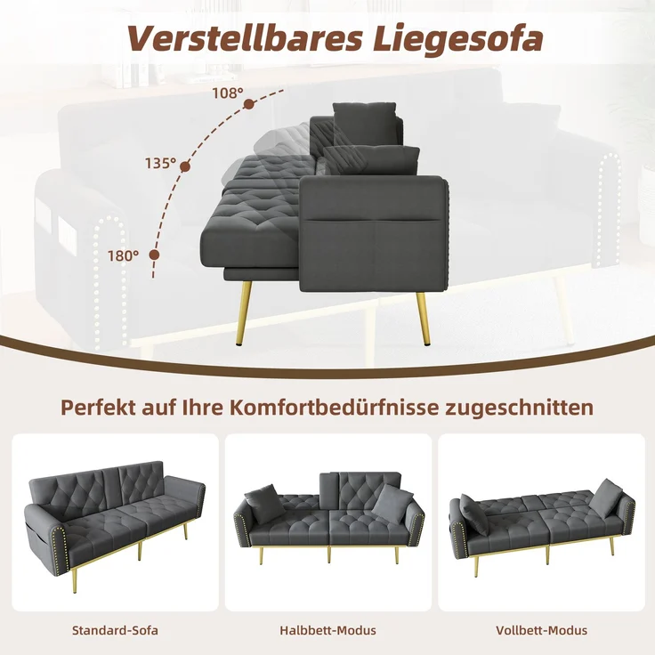 ZUBALIYA Schlafsofa 80x73.5 cm, mit LED - Beleuchtung, mit Stauraum, mit Leiter, mit Samtbezug, mit breiten Armlehnen, Gold – Bild 4