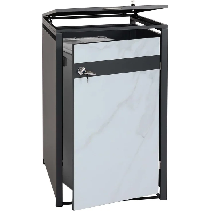 1er Mülltonnenverkleidung HWC-J82, Mülltonnenbox, erweiterbar, Metall 32kg, anthrazit ~ Marmor-Optik hell – Bild 1