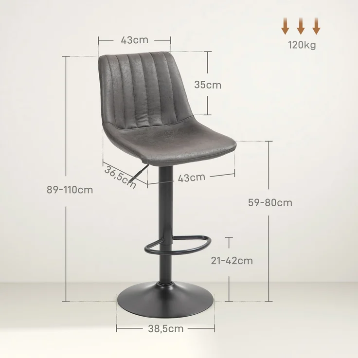 MELAYR, 2er-Set Barhocker im Retrodesign, inkl. Fußstütze, höhenverstellbar, Gaslift, Dunkelgrau, 46.5 x 43 x 110 cm – Bild 5