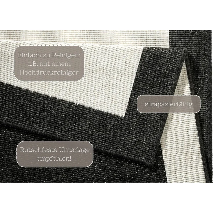 NORTHRUGS In- und Outdoor Teppich Panama 200x290cm - Wendeteppich Wetterfest Modernes Uni Design mit Bordüre Läufer für Balkon Terrasse Garten Wintergarten Wohnzimmerteppich Wasserfest, Schwarz Creme – Bild 4
