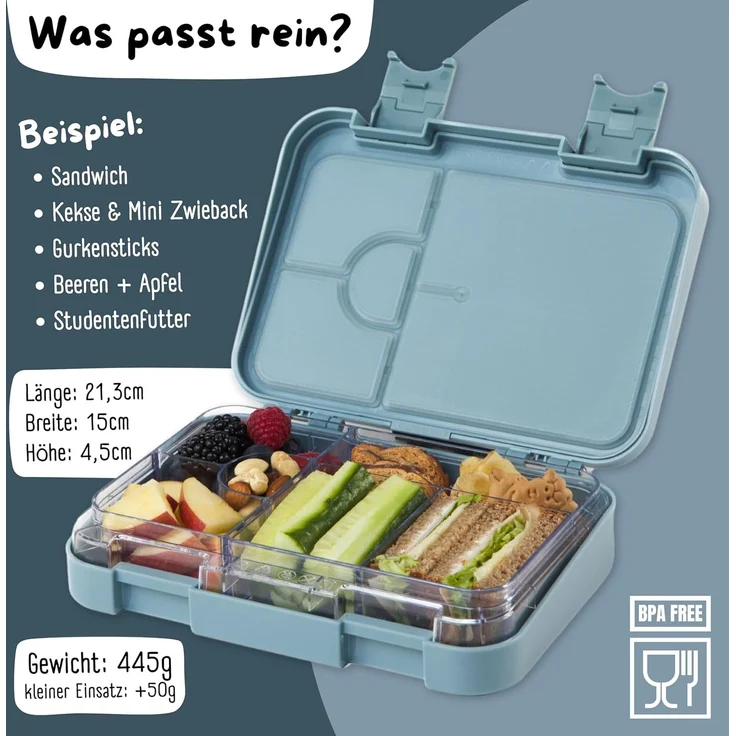 BEARFOOT Lunchbox Brotdose Kinder mit Fächern, Lunchbox, Bento box - Blau, handgezeichnete Designs, modular – Bild 2