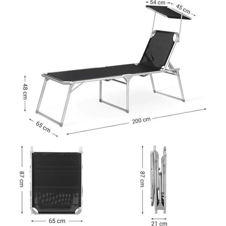 Songmics Sonnenliege verstellbar und klappbar, Aluminium / Kunstfaser Schwarz, 65 x 200 x 48 cm – Bild 5