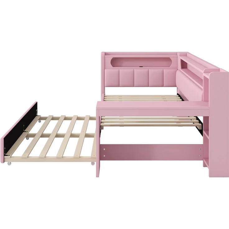 U-life Gepolstertes Tagesbett 90x200 cm mit Ausziehbett, Schreibtisch, USB-Ladestation und LED-Beleuchtung, Rosa – Bild 9