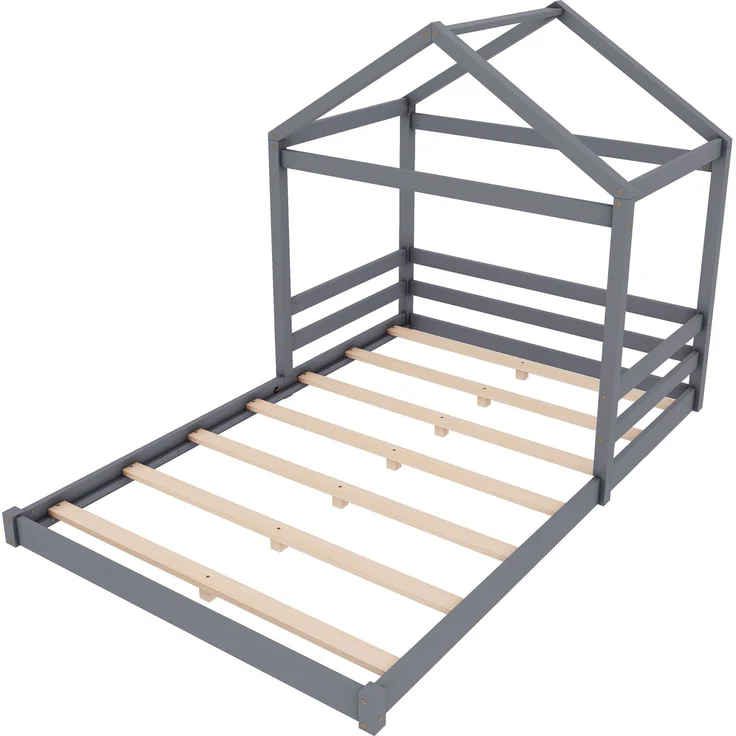 Hausbett 140x200 cm für Kinder, Kinderbett in Hausform mit Lattenrost,modernes Montessori Bett,stabiles Holzhausbett, Grau – Bild 9