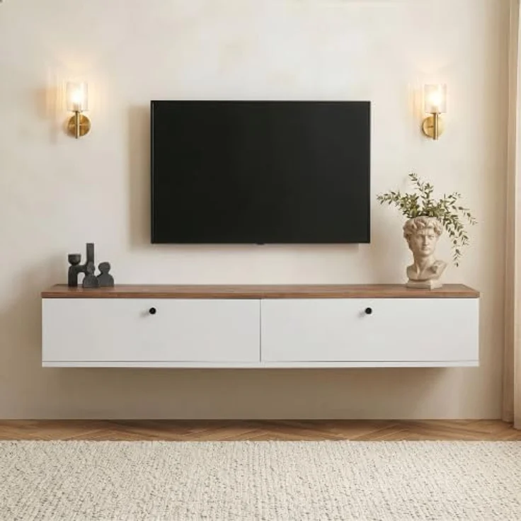 Hanah Home Stilvoller TV-Ständer, Kiefernholz & Weiß, 160 x 25 x 25 cm | Robuste, melaminbeschichtete Spanplatte, inklusive Wandhalterung | Modernes Design, Tragkraft 35 kg – Bild 3