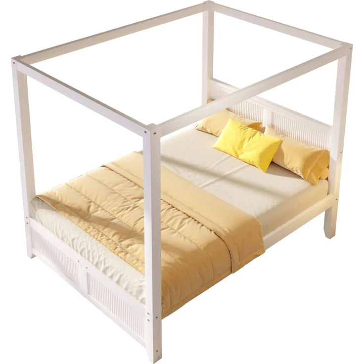 Himmelbett aus Kiefernholz und MDF mit Dachrahmen, 140x200 cm, Weiß, ohne Matratze – Bild 3