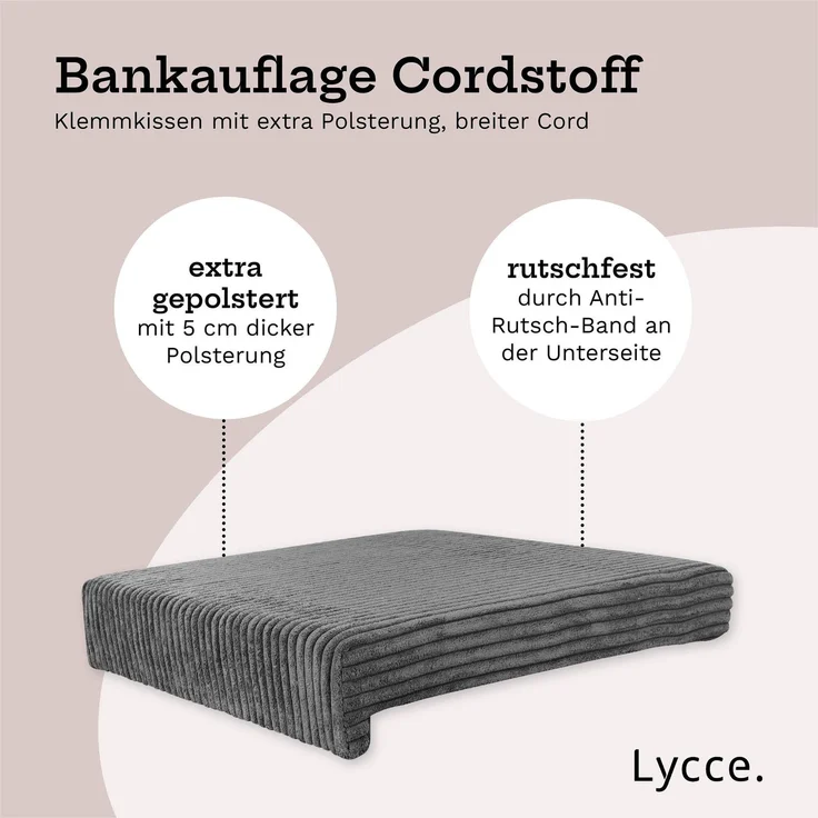Lycce Bankauflage Klemmkissen mit Leiste - Cord, Polsterung, rutschfest Grau 8x40x38cm – Bild 3