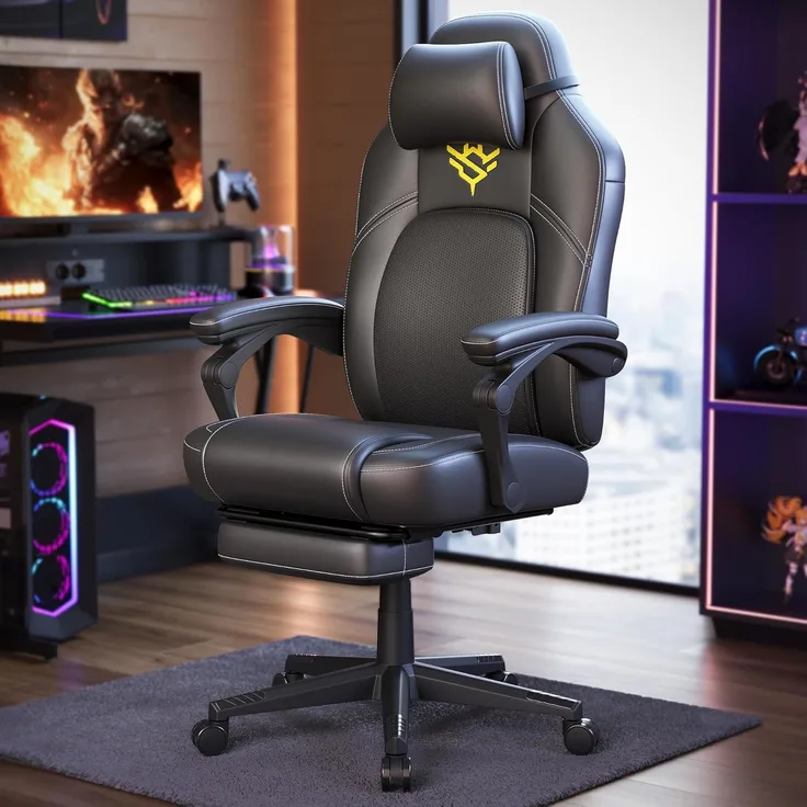SONGMICS HOME Gaming-Stuhl, ergonomischer Computerstuhl mit Fußstütze, Bürostuhl, Drehstuhl mit Kopfkissen, PU, höhenverstellbar, tintenschwarz OBG072B01
