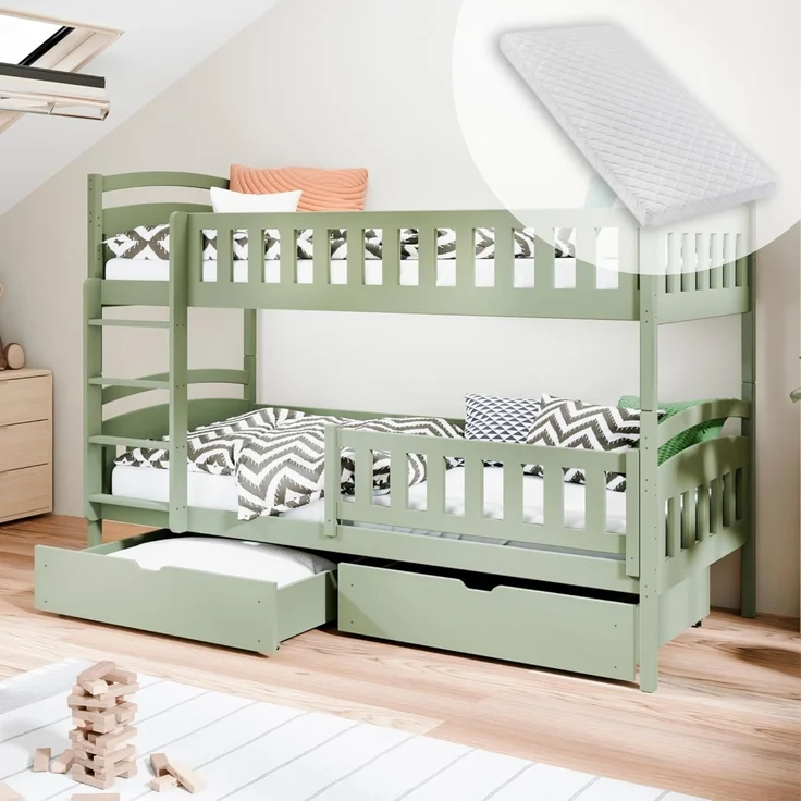 Kids Collective Etagenbett Hochbett Kinderbett 80x180 90x200 umbaubar in zwei Einzelbetten, 90x200 cm mit zwei Matratzen und Schubladen Lattenrost Olivgrün