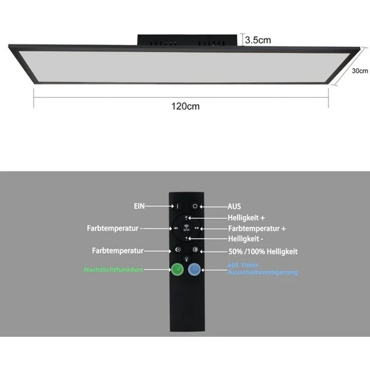 Nettlife LED Panel Deckenleuchte Schwarz Dimmbar -120 x 30 cm flaches, LED fest integriert, Warmweiß Neutralweiß Kaltweiß, Wohnzimmerlampe Küche Schlafzimmer Flur – Bild 4