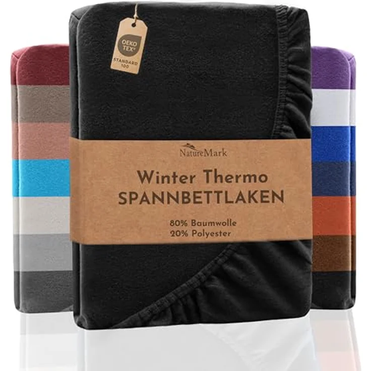 NatureMark Spannbettlaken Winter Thermo Fleece Spannbettlaken, 80% Baumwolle und 20% Polyester, Gummizug: rundum, (1 Stück), 90x190 bis 100x200 cm - Schwarz – Bild 2
