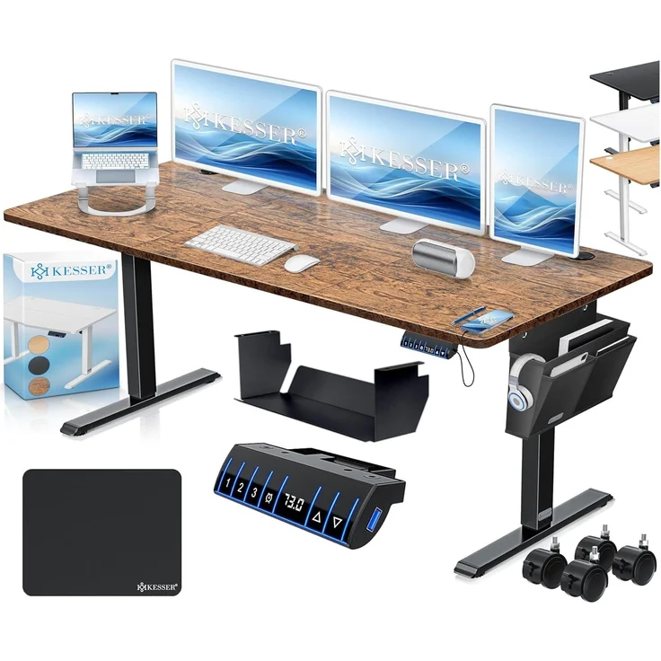 KESSER® Höhenverstellbarer Schreibtisch elektrisch | Ergonomisch Steh-Sitz Schreibtisch | 3-Funktions-Memory Steuerung | Inkl. 360° Rollen & USB-Ladeanschluss | Computertisch für Homeoffice Braun, 160 x 70 cm – Bild 1