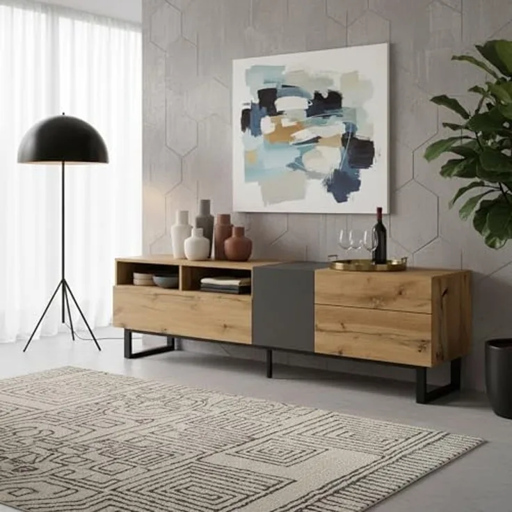 FurnitureR Farbblock-TV-Lowboard ohne Griffe, modernes Lowboard mit Flügeltüren & Stauraumfächern für Wohnzimmer & Medienbereich
