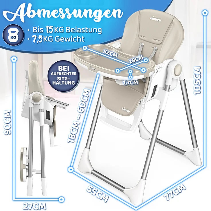 KIDUKU® Hochstuhl Baby 3in1 mit Neugeborenenaufsatz + Lätzchen, Spielbogen & Tisch | Kinderhochstuhl klappbar mit Liegefunktion | Kombihochstuhl höhenverstellbar | Babystuhl mitwachsend 0-36 Monate – Bild 8