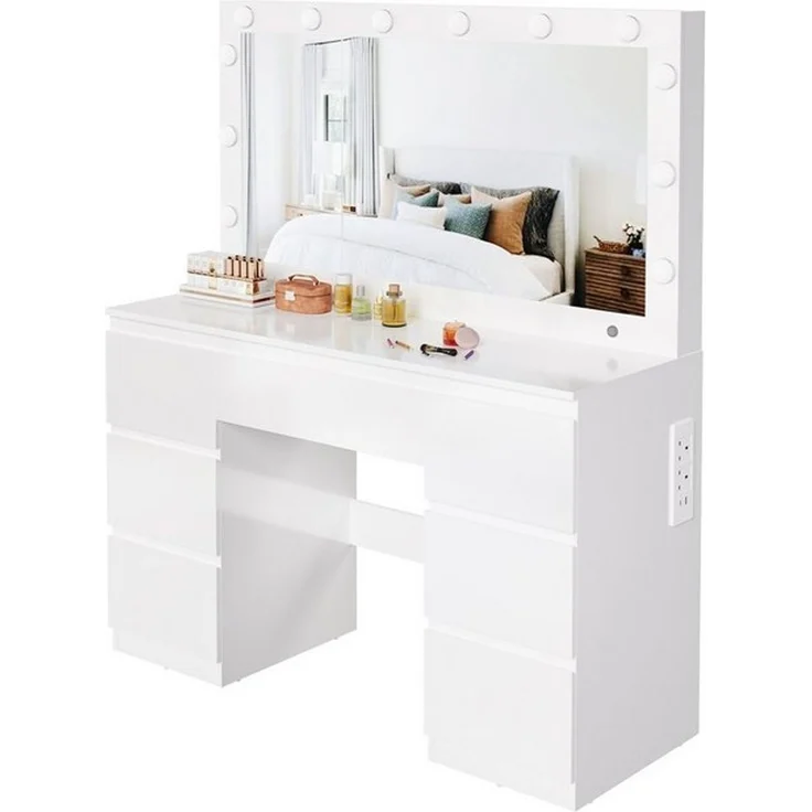 HOMALL Schminktisch Großer Schminktisch, Maße 115/120 x 40 x 140 cm, mit Schmuckschrank (LED-Beleuchtung und Steckdosen, 105 cm großer Spiegel, mit 7 Schubladen, optional mit Hocker – ostern geschenke) – Bild 4