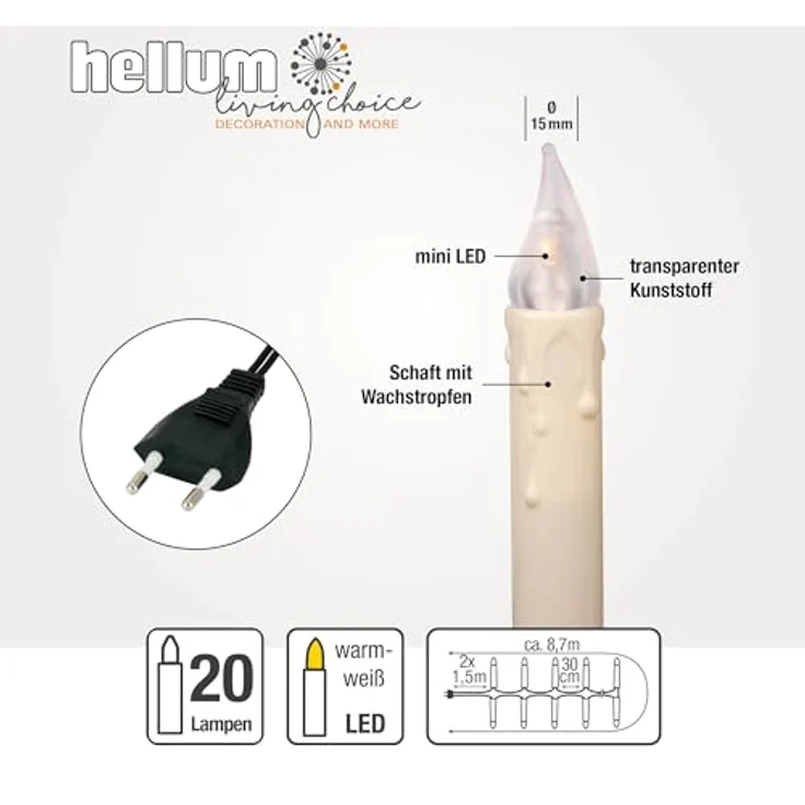 hellum Lichterkette Weihanchtsbaum, 20 LED Kerzen Lichterkette Weihnachtsbaum weiß Topfen, 5,7m beleuchtet + 3m Zuleitung, Baumbeleuchtung innen, Kabel grün, Hellgkeit – Bild 3