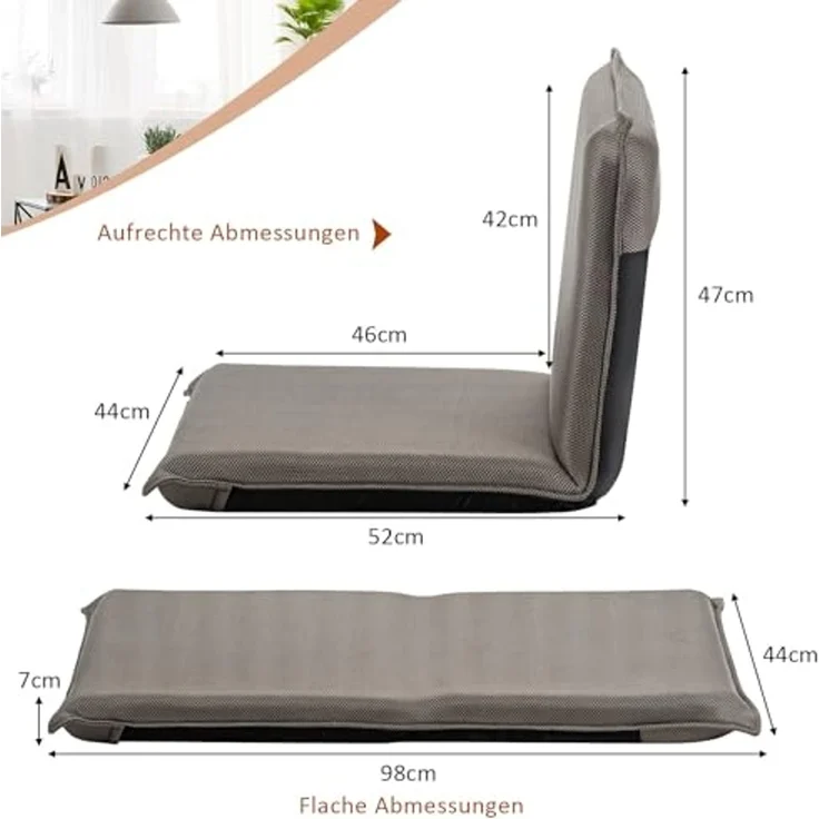 FANTASK Bodenstuhl, Bodensofa, Game Sessel gepolstert, Fensterstuhl, Meditationsstuhl, Lazy Sofa mit 6- stufig Verstellbarer Rückenlehne (Grau) – Bild 3