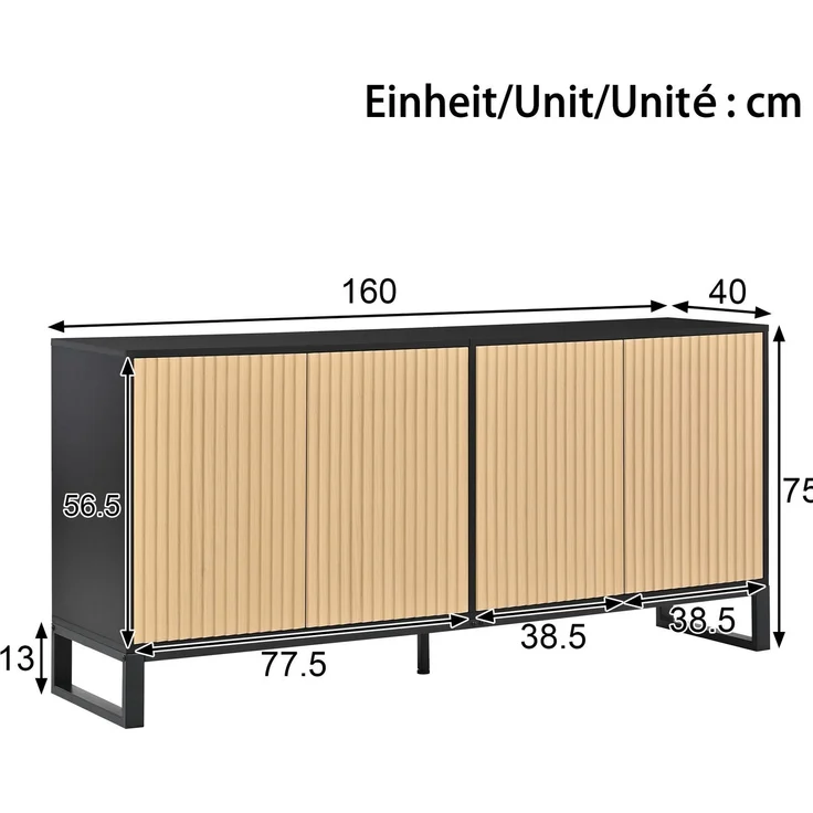 DESVIAE Sideboard Natur/Schwarz aus MDF/Spanplatte – 160x75x40 cm – 4 Türen, verstellbare Einlegeböden – Bild 10