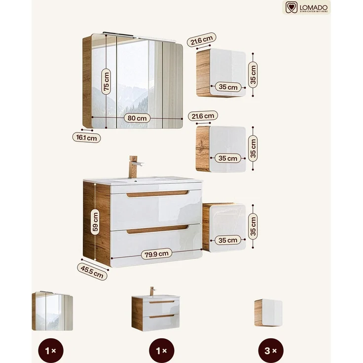 Badmöbel Set in Hochglanz weiß mit Wotan Eiche Nb. LUTON-56 mit LED-Spiegelschrank, B/H/T ca. 130/200/46 cm – Bild 3