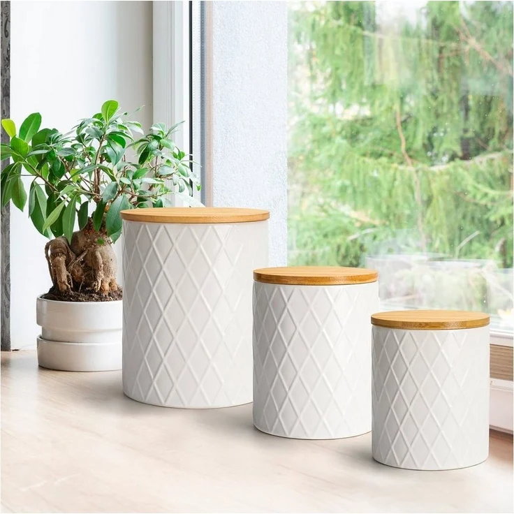 MiaMio Vorratsdose 3er Set Vorratsdosen aus Keramik mit luftdichtem Holzdeckel, (Set) – Bild 2