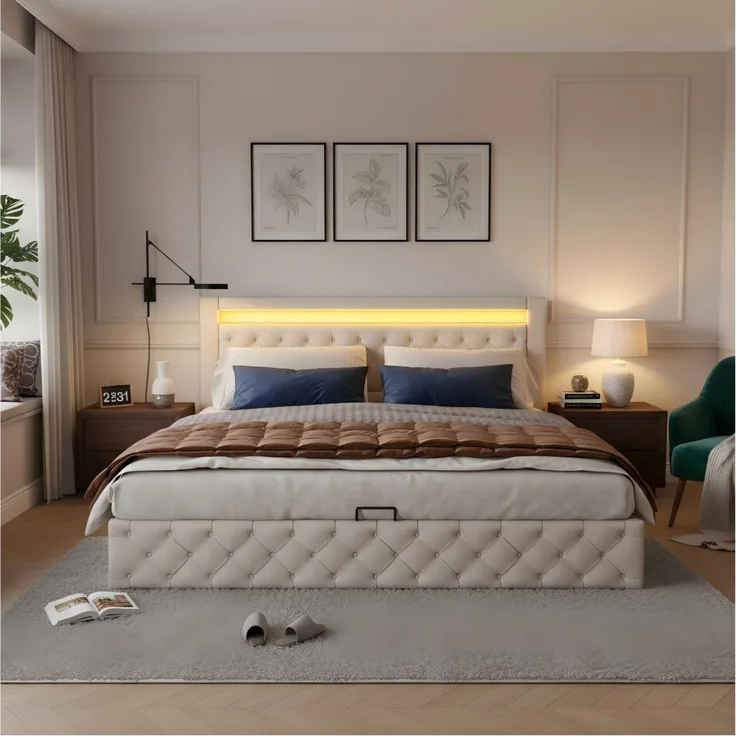 Lit rembourré 140 x 190 cm, entièrement fonctionnel, avec un sommier à lattes et un espace de rangement, rangement hydraulique, éclairage LED, blanc, matériau PU.