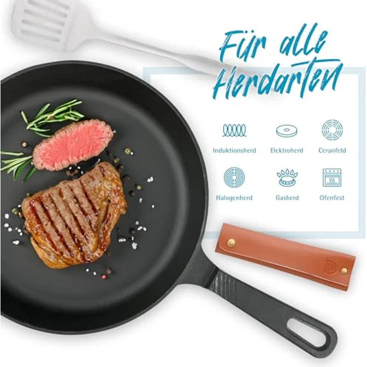 GRÄWE CI 350 Gusseisenpfanne Ø 28 cm, Bratpfanne aus Gusseisen, Induktion & Grill geeignet, Pfannen-Set mit Zubehör (Echtleder Griffschutz, Ringreiniger) – Bild 3
