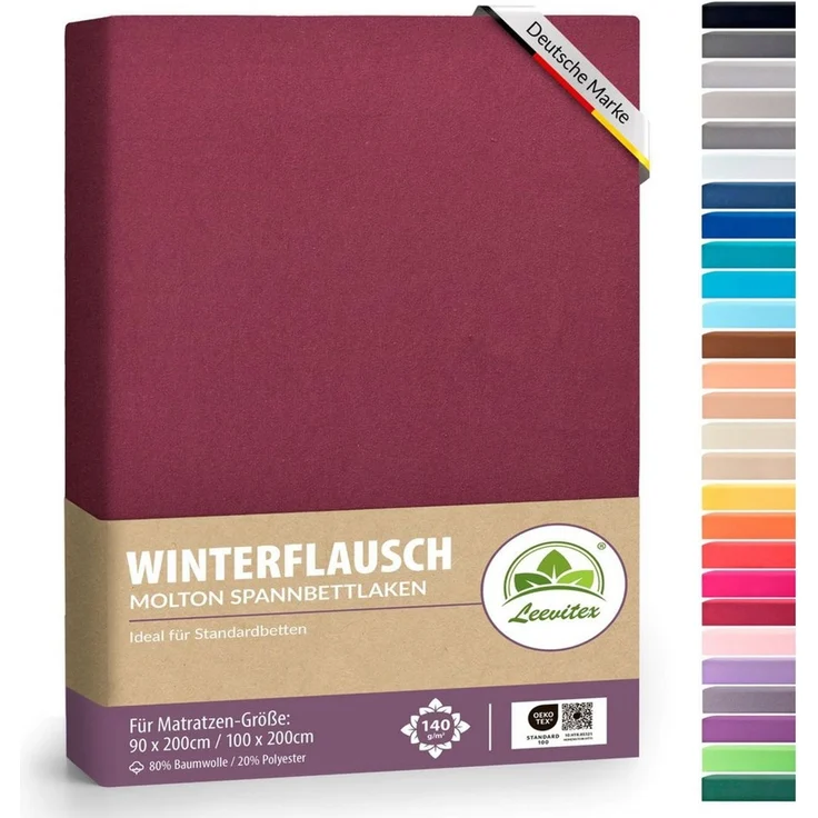 leevitex® Spannbettlaken für kalte Nächte – angenehm weich, passgenau, farbstark & pflegeleicht, Molton, Gummizug: rundum, (1 Stück), verschiedene Größen und Farben, 80% Baumwolle 20% Polyester, 25cm Steg – Bild 1