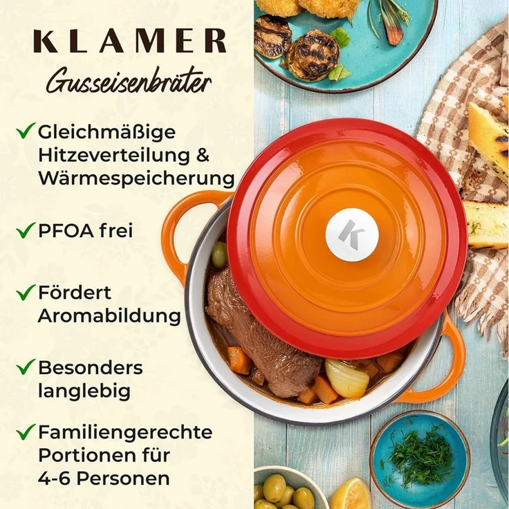 KLAMER Bräter Gusseisen Bräter 5 L, Gusseisen-Topf 25 cm backofengeeignet, Emaille …, Gusseisen, Exzellente Hitzeverteilung, Intensive Aromabildung, 5 Liter – Bild 3