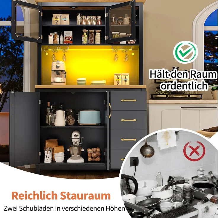 Buffetschrank 105,5x40x180 cm mit Schubladen und App-gesteuerter LED-Lichtleiste – Schwarz – Bild 8