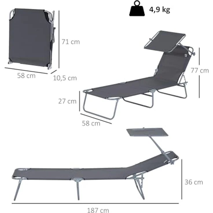 Outsunny Sonnenliege Gartenliege Wellnessliege Strandliege klappbar mit Sonnenschutz Grau 187 x 58 x 36 cm – Bild 4