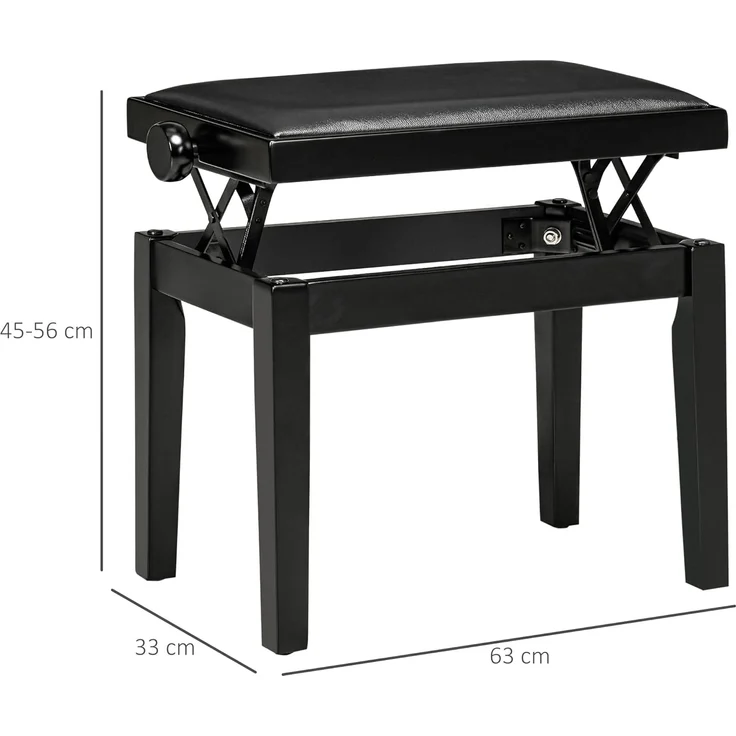 HOMCOM Klavierbank Höhenverstellbare Klavierbank mit Lederkissen (Pianobank, 1-St, Kunstleder Gummiholz), Schwarz 63 x 33 x 45-56 cm – Bild 6