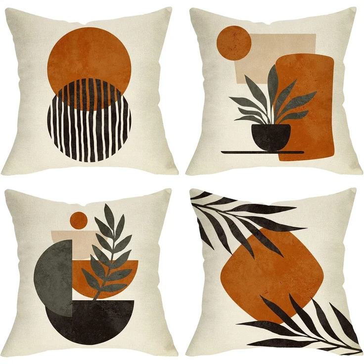 Boho Kissenhüllen 45×45 cm 4er-Set Abstrakte Sunset Plant Olive, Minimalist Modern Art, Bohemian Dekoration – Bild 1