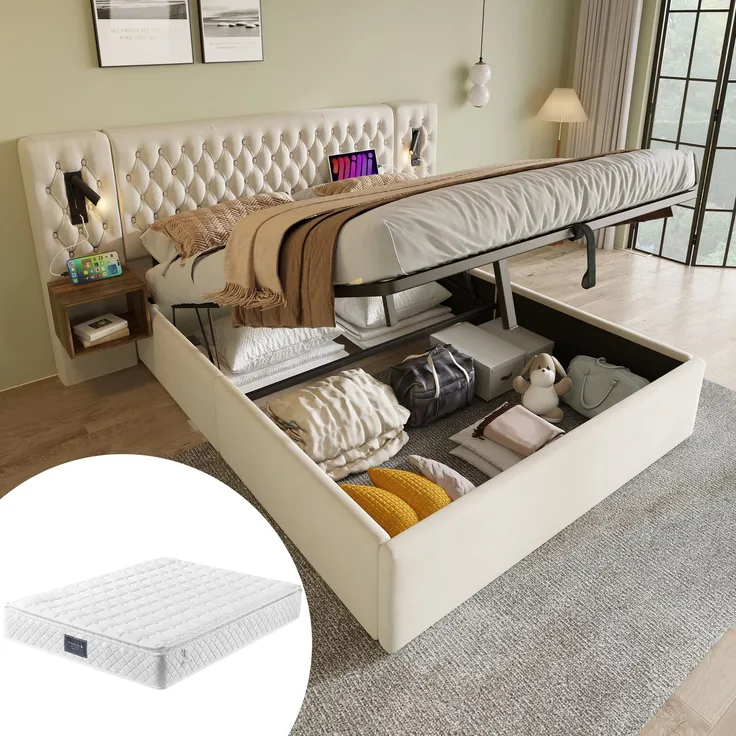 EINHOM Bettanlage Schlafzimmer Komplett Set, Polsterbett Hydraulisch Stauraumbett Doppelbett 160 x 200 cm mit 2 Nachttischen, Kopfteil Leselicht mit USB Ladefunktion, Beige, Samt (Mit Matratze)