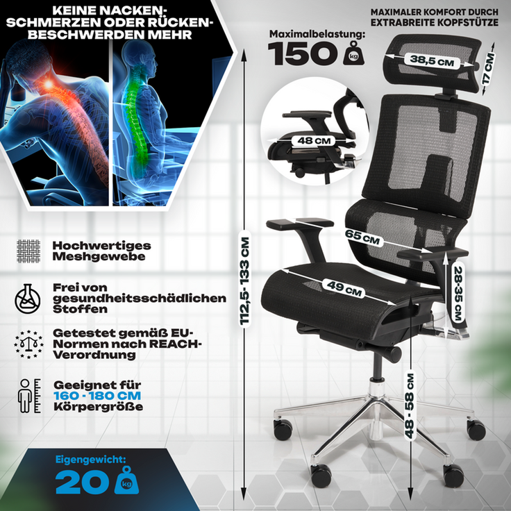 VALKENSTOL M7 MESH-SITZ Bürostuhl ergonomisch mit Schaumstoff Sitz - 5 Jahre Garantie - adaptive Lordosenstütze - tiefenverstellbare und neigbare Sitzfläche – Bild 8