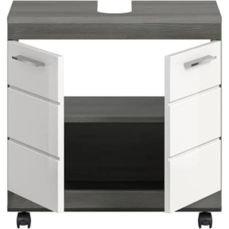 xonox. home – Waschbeckenunterschrank auf Rollen Scout 60x60x34 cm in Rauchsilber und Weiß Hochglanz – Mobiler Badschrank – Moderner Unterschrank für eine Elegante & Flexible Badaufbewahrung – Bild 5