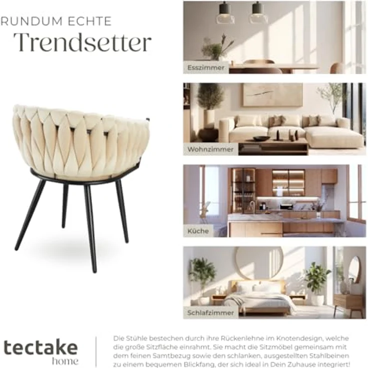 tectake Esszimmerstuhl Astano (2er Set, 2 St), gepolstert, mit Samtbezug, Knotendesign – Bild 10
