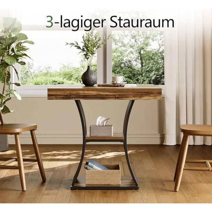 LITTLE TREE 31,5-Zoll-Quadratischer Esstisch für 2 Personen, 2-stufiger Küchentisch im Industriestil mit Stauraum, Metallgestell für Esszimmer, Wohnzimmer, kleine Räume (Braun und Schwarz) – Bild 5