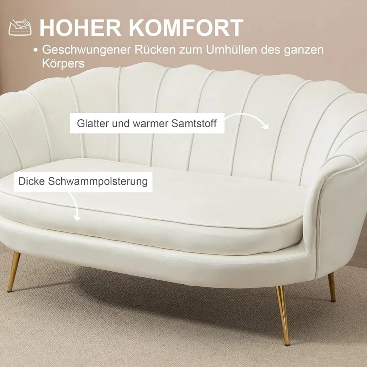 HOMCOM 2-Sitzer Sofa, Couch mit Armlehne, Samtopik, Doppelsofa bis 150 kg belastbar, Polstersofa 1 Teile, für Wohnzimmer, Schlafzimmer, 130 x 77 x 77 cm, Creme – Bild 5