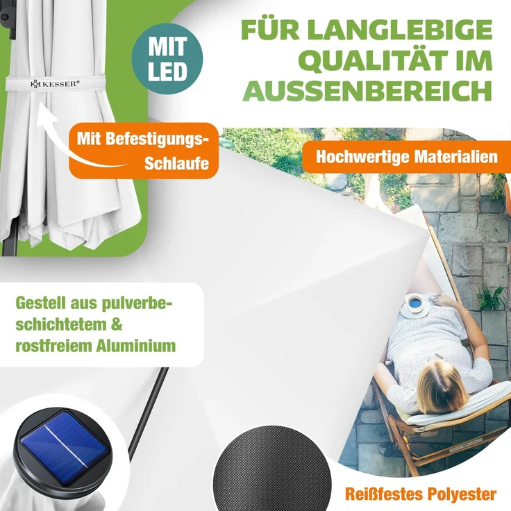 KESSER® Sonnenschirm Ampelschirm SUN XL 300 x 300 cm Inkl. Abdeckung +Windsicherung Drehbar Neigbar Kippbar Marktschirm Groß 360° Rotation, Gartenschirm mit Kurbel Sonnenschutz UV50+ Weiß, Mit LED – Bild 3