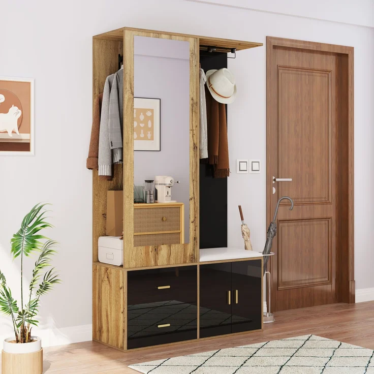 Faumrta Elegantes Kleiderschrankset in Schwarz und Holzfarbe mit Spiegel, Schuhschrank, Schuhbank mit Haken und ausziehbaren Kleiderbügeln. 100CM*38CM*180CMNaturalSpanplatte – Bild 3