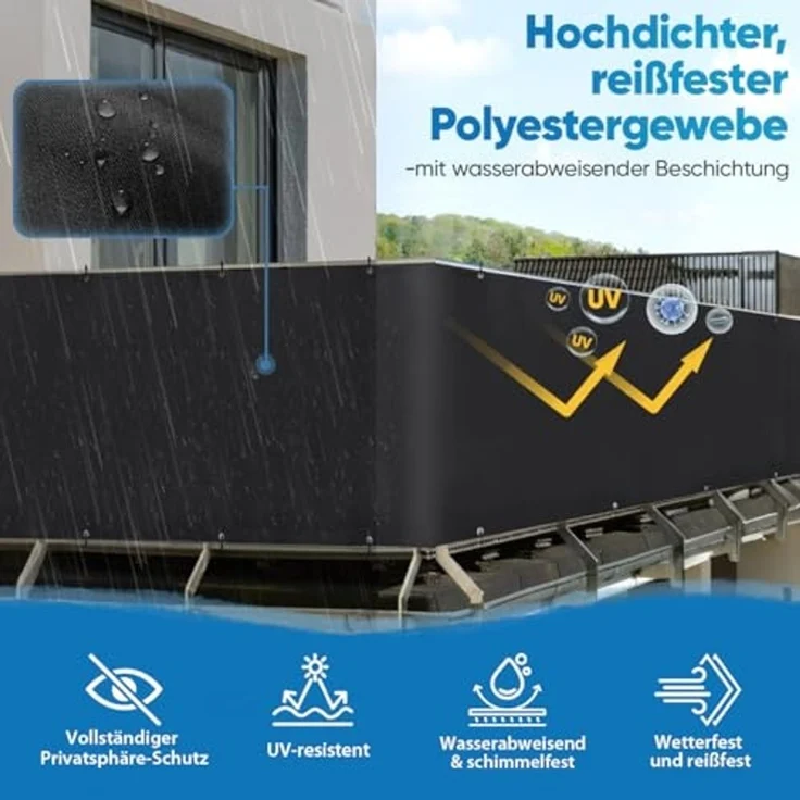 Balkon Sichtschutz Balkonabdeckung Balkonsichtschutz Balkonverkleidung blickdichte Windschutz, 120x300cm, Schwarz – Bild 3