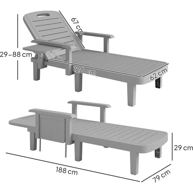 JARDJ Set aus 2 verstellbaren Gartenliegen mit Tisch und Armlehnen, aus Polypropylen, 79 x 158 x 88 cm, Hellgrau – Bild 5