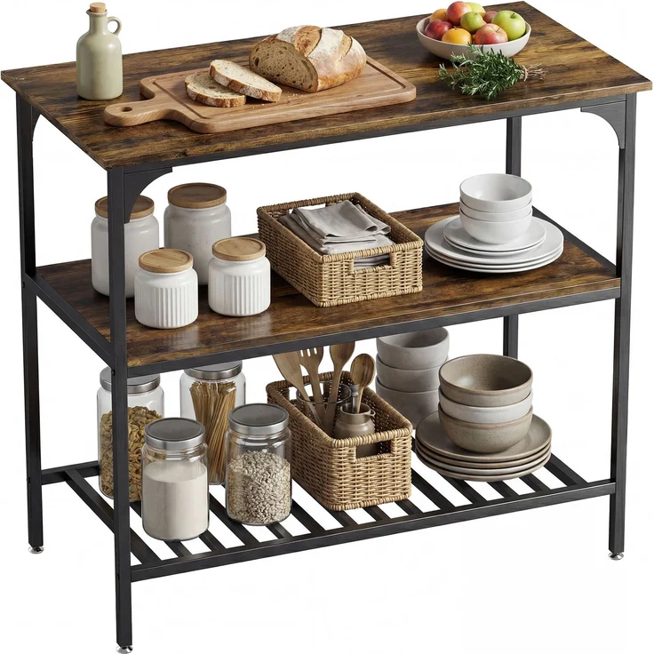 Bäckerregal, 3-stufiges Küchenregal mit Stahlrahmen, Rustikales Braun+Schwarz--Rustikal-Braun--90x50x100cm--YOUDENOVA – Bild 1