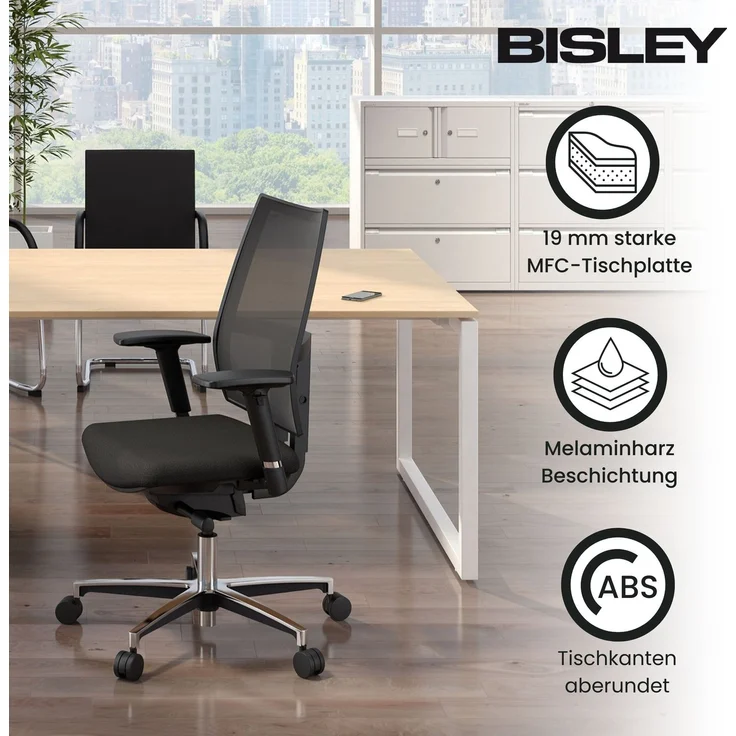 Bisley Cito Konferenztisch 240x120 cm, Tischplatte in Ahorn, O-Gestell in Weiß - Besprechungstisch & Meetingtisch, großer Chef Schreibtisch XXL-Tisch Konferenzraum Chefbüro, DOF2412-MP-396 – Bild 4